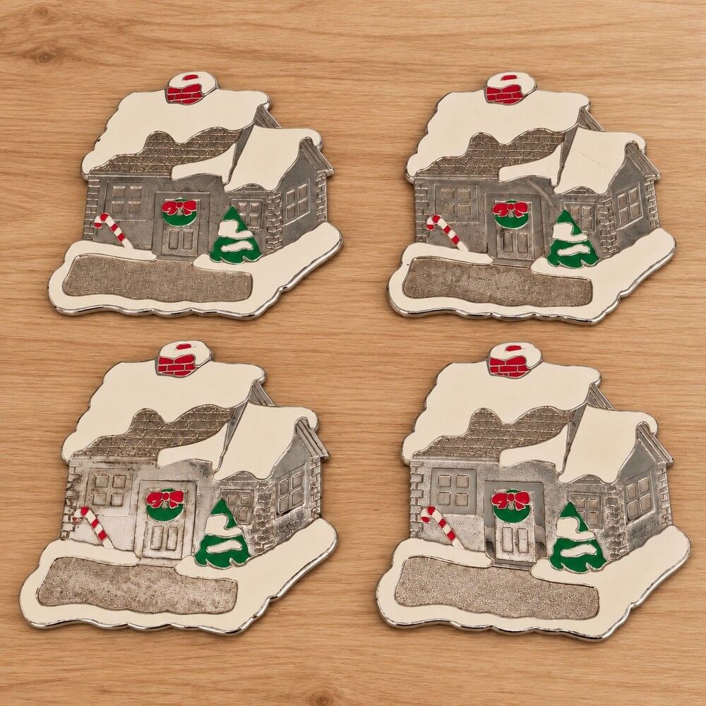 Wm A Rogers Oneida Home for Holidays Silverplate Christmas Coasters Set 4 Japan